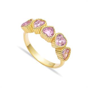 925 Ayar Gümüş Pembe Sıralı Kalp Yüzük