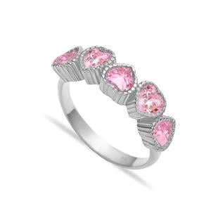925 Ayar Gümüş Pembe Sıralı Kalp Yüzük