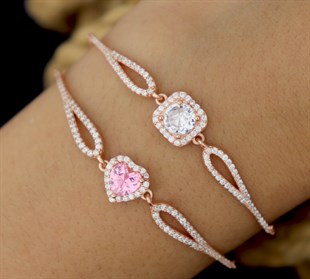 925 Ayar Gümüş Pembe Swarovski Kalp Bileklik