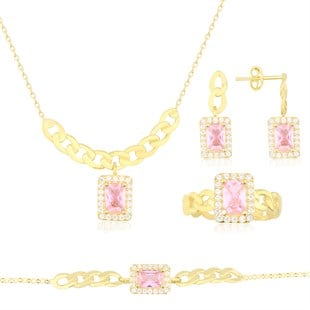 925 Ayar Gümüş Pembe Taşlı Altın Kaplama Baget Takı Seti Zincir Detay
