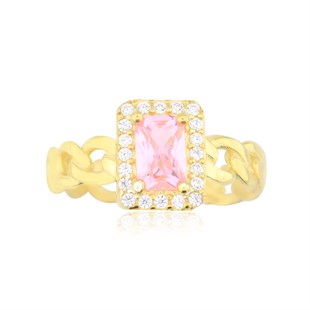 925 Ayar Gümüş Pembe Taşlı Altın Kaplama Baget Takı Seti Zincir Detay