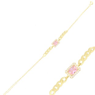 925 Ayar Gümüş Pembe Taşlı Altın Kaplama Baget Takı Seti Zincir Detay