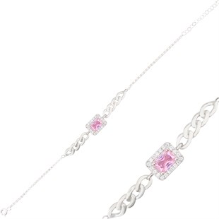 925 Ayar Gümüş Pembe Taşlı Baget Takı Seti Zincir Detay