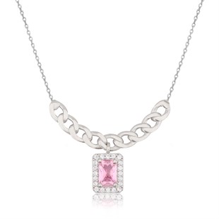 925 Ayar Gümüş Pembe Taşlı Baget Takı Seti Zincir Detay