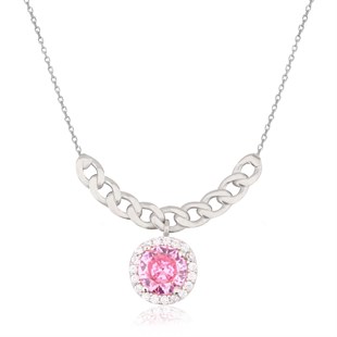 925 Ayar Gümüş Pembe Taşlı Takı Seti Zincir Detay