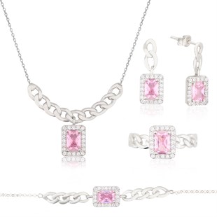925 Ayar Gümüş Pembe Taşlı Baget Takı Seti Zincir Detay