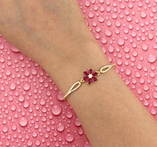 925 Ayar Gümüş Pembe Taşlı Çiçek Bileklik