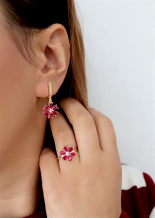 925 Ayar Gümüş Pembe Taşlı Çiçek Küpe