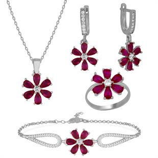 925 Ayar Gümüş Pembe Taşlı Çiçek Takı Seti