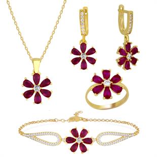 925 Ayar Gümüş Pembe Taşlı Çiçek Takı Seti