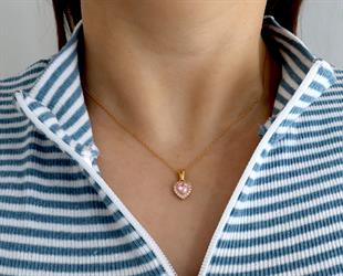 925 Ayar Gümüş Pembe Taşlı Kalp Kolye