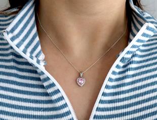 925 Ayar Gümüş Pembe Taşlı Kalp Kolye
