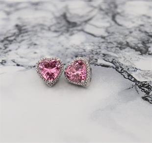 925 Ayar Gümüş Pembe Taşlı Kalp Küpe