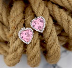 925 Ayar Gümüş Pembe Taşlı Kalp Küpe