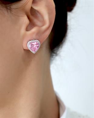 925 Ayar Gümüş Pembe Taşlı Kalp Küpe