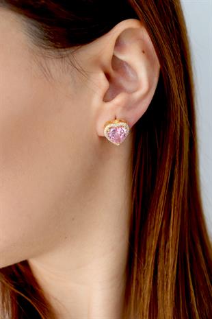 925 Ayar Gümüş Pembe Taşlı Kalp Küpe