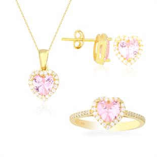 925 Ayar Gümüş Pembe Taşlı Kalp Takı Seti