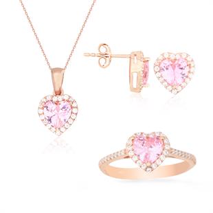 925 Ayar Gümüş Pembe Taşlı Kalp Takı Seti
