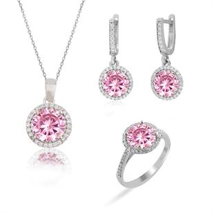 925 Ayar Gümüş Pembe Yuvarlak Taşlı Takı Seti