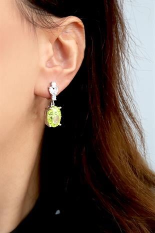 925 Ayar Gümüş Peridot Elmas Kesim Oval Küpe