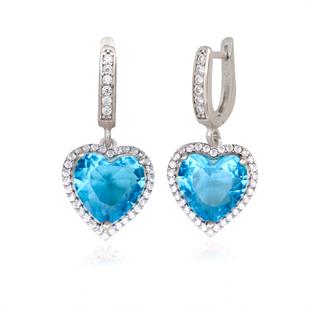 925 Ayar Gümüş Pırlanta Montür Aqua Taş Kalp Küpe