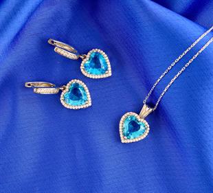 925 Ayar Gümüş Pırlanta Montür Aqua Taş Kalp Takı Seti