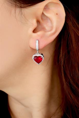 925 Ayar Gümüş Pırlanta Montür Kırmızı Kalp Küpe