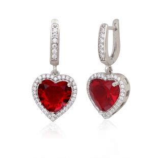 925 Ayar Gümüş Pırlanta Montür Kırmızı Kalp Küpe