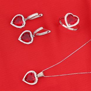 925 Ayar Gümüş Pırlanta Montür Kırmızı Kalp Takı Seti