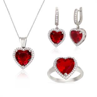 925 Ayar Gümüş Pırlanta Montür Kırmızı Kalp Takı Seti