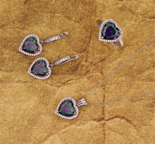 925 Ayar Gümüş Pırlanta Montür Mistik Topaz Kalp Takı Seti