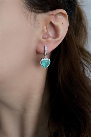 925 Ayar Gümüş Pırlanta Montür Paraiba Kalp Küpe