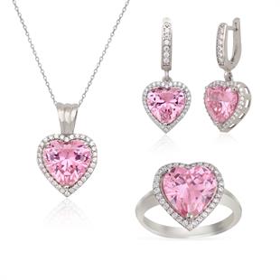 925 Ayar Gümüş Pırlanta Montür Pembe Kalp Takı Seti