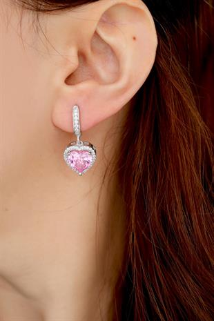 925 Ayar Gümüş Pırlanta Montür Pembe Kalp Küpe