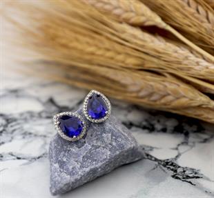 925 Ayar Gümüş Pırlanta Montür Safir Büyük Damla Taşlı Küpe