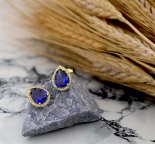 925 Ayar Gümüş Pırlanta Montür Safir Büyük Damla Taşlı Küpe