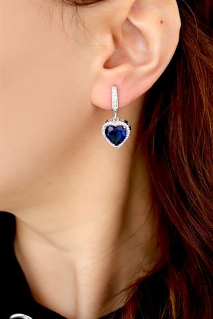 925 Ayar Gümüş Pırlanta Montür Safir Kalp Küpe