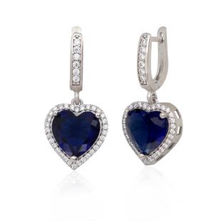 925 Ayar Gümüş Pırlanta Montür Safir Kalp Küpe