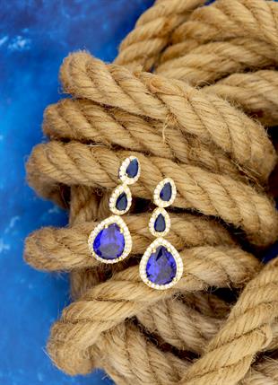 925 Ayar Gümüş Pırlanta Montürlü Safir Damla Taşlı Küpe