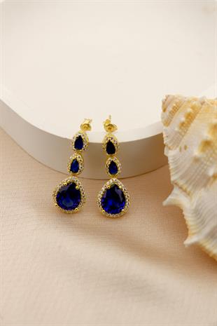 925 Ayar Gümüş Pırlanta Montürlü Safir Damla Taşlı Küpe