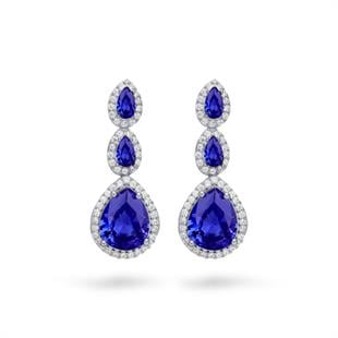 925 Ayar Gümüş Pırlanta Montürlü Safir Damla Taşlı Küpe