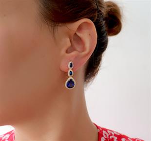 925 Ayar Gümüş Pırlanta Montürlü Safir Damla Taşlı Küpe