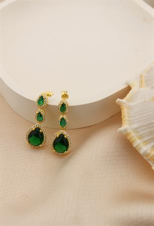 925 Ayar Gümüş Pırlanta Montürlü Zümrüt Damla Taşlı Küpe