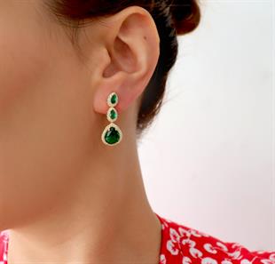 925 Ayar Gümüş Pırlanta Montürlü Zümrüt Damla Taşlı Küpe