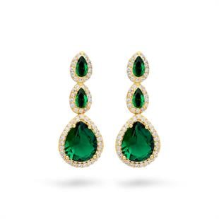 925 Ayar Gümüş Pırlanta Montürlü Zümrüt Damla Taşlı Küpe