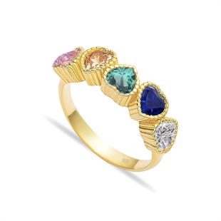 925 Ayar Gümüş Rainbow Sıralı Kalp Yüzük