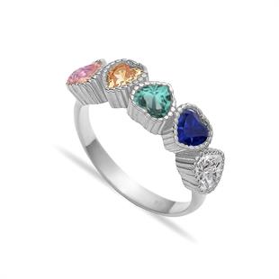 925 Ayar Gümüş Rainbow Sıralı Kalp Yüzük