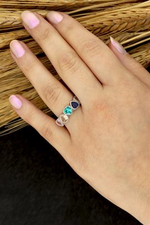 925 Ayar Gümüş Rainbow Sıralı Kalp Yüzük