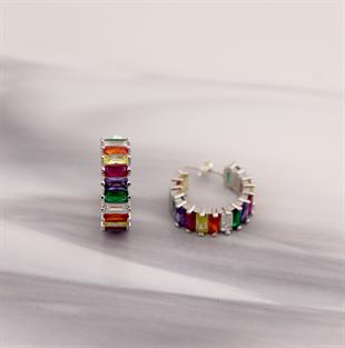 925 Ayar Gümüş Renkli Baget Taşlı Halka Küpe