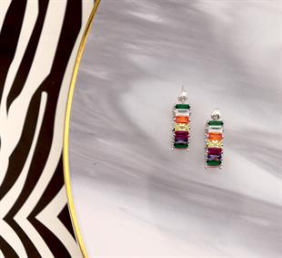 925 Ayar Gümüş Renkli Baget Taşlı Halka Küpe